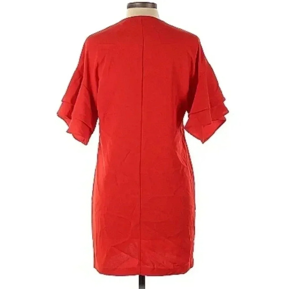 Zara Woman | Red V-Neck Ruffle Sleeve Mini Shift Dress - Picture 2 of 9